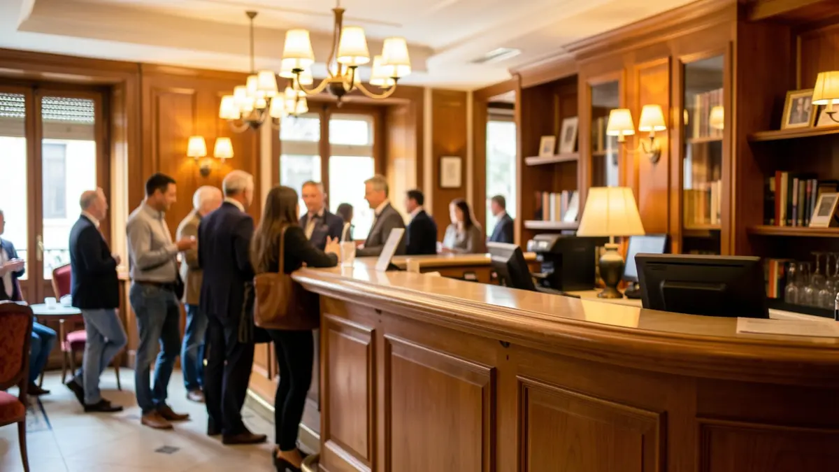 Imaxe xenérica dunha recepción de hotel con alta ocupación.