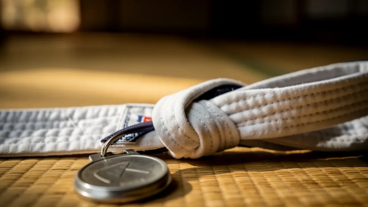 Detalle de un cinturón de judo con una medalla de plata.