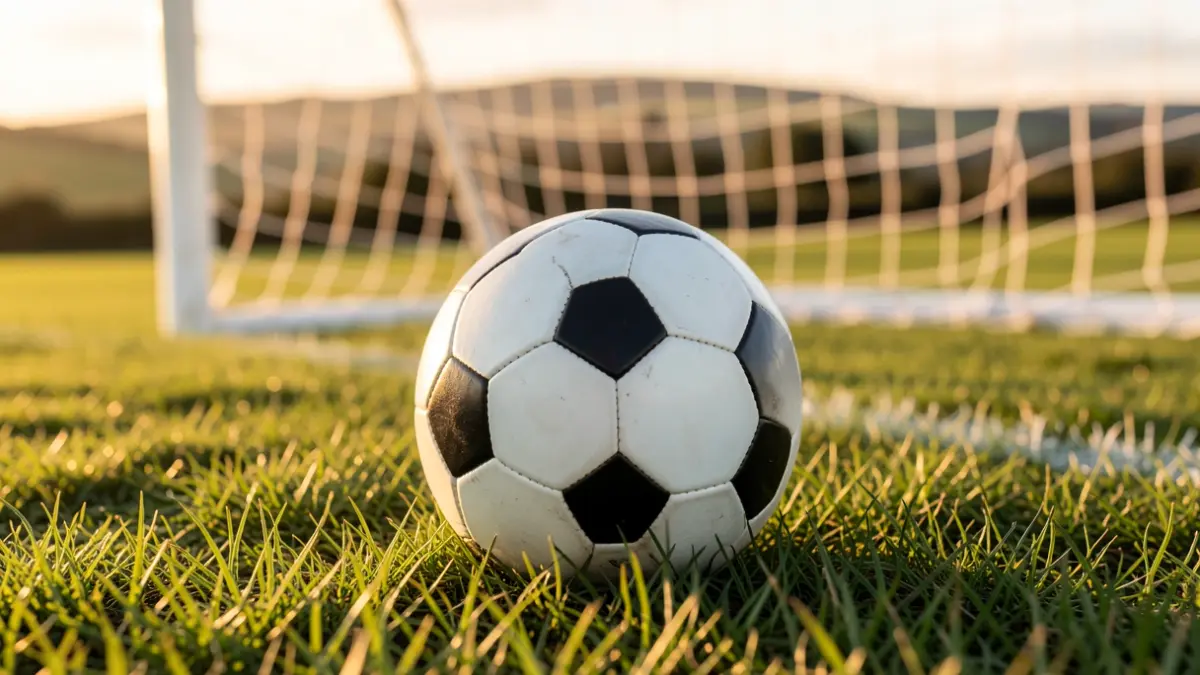 Imagen genérica de un balón de fútbol sobre hierba con red borrosa al fondo.