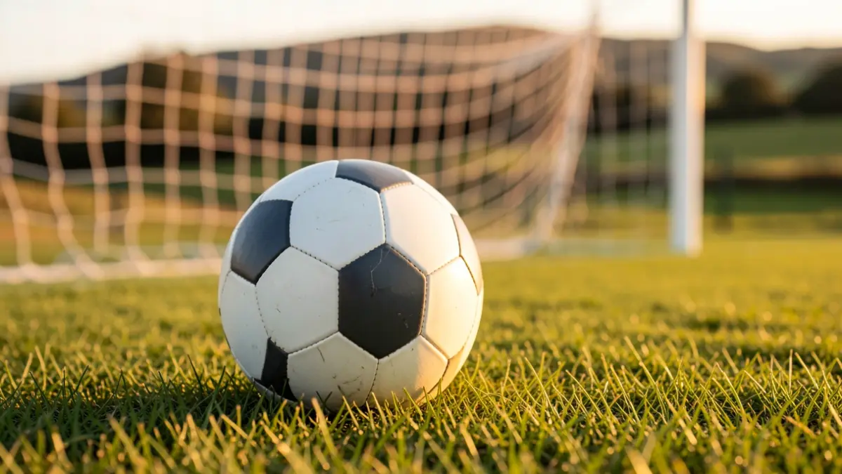 Imaxe xenérica dun balón de fútbol sobre herba cunha rede de meta desenfocada.