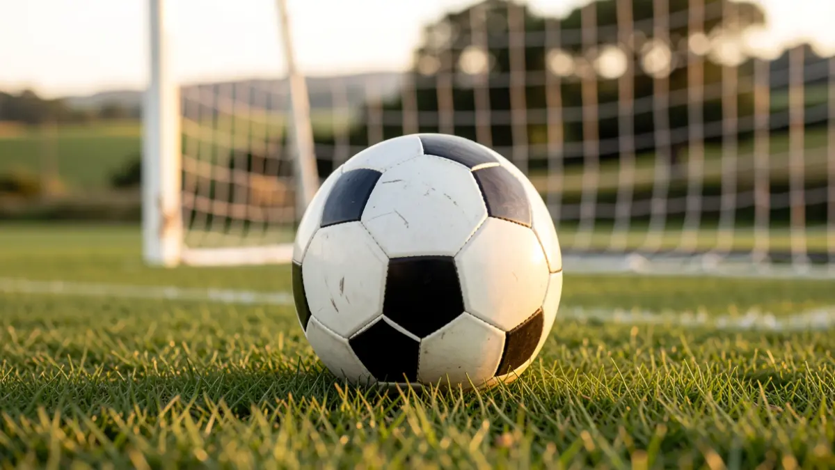 Imaxe xenérica dun balón de fútbol sobre herba con rede borrosa ao fondo.