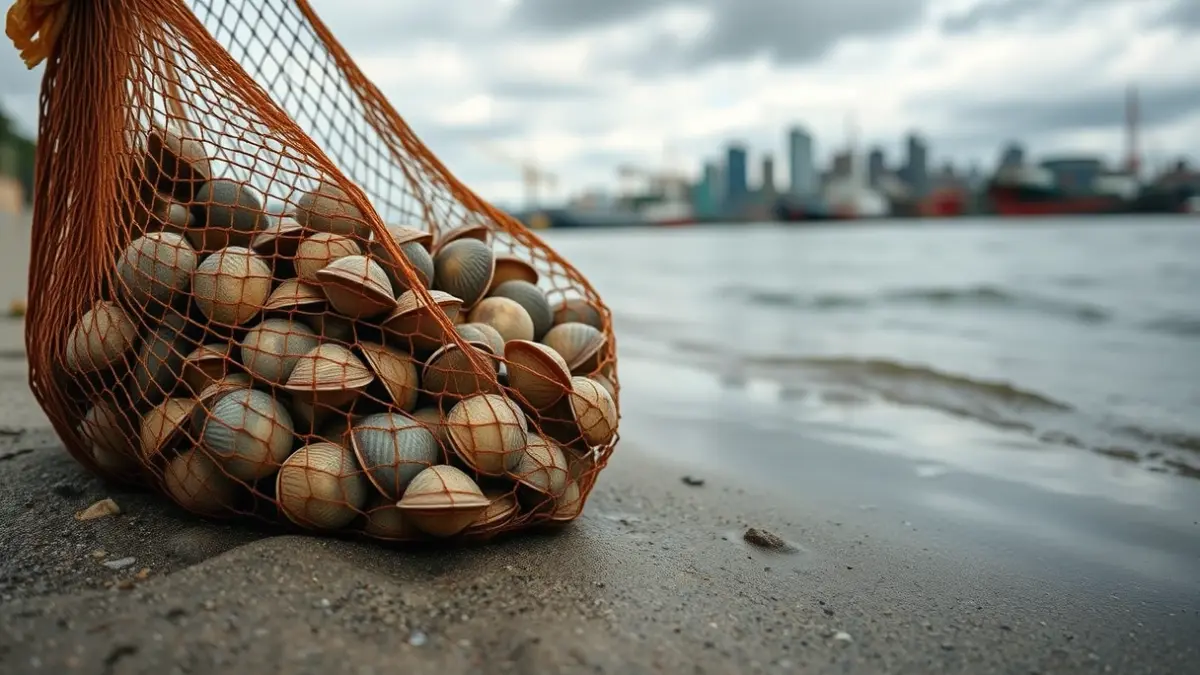 Imagen de una bolsa de red con almejas, cerca del agua, con pantalanes y edificios al fondo.