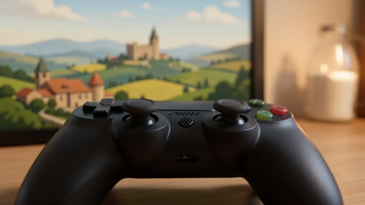 Imagen genérica de un mando de videojuego con un paisaje gallego de fondo.