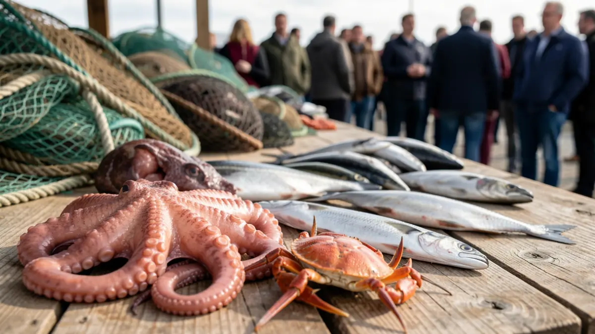 Primeira plana dunha rede de pesca con polbo, rape e raia incautados.