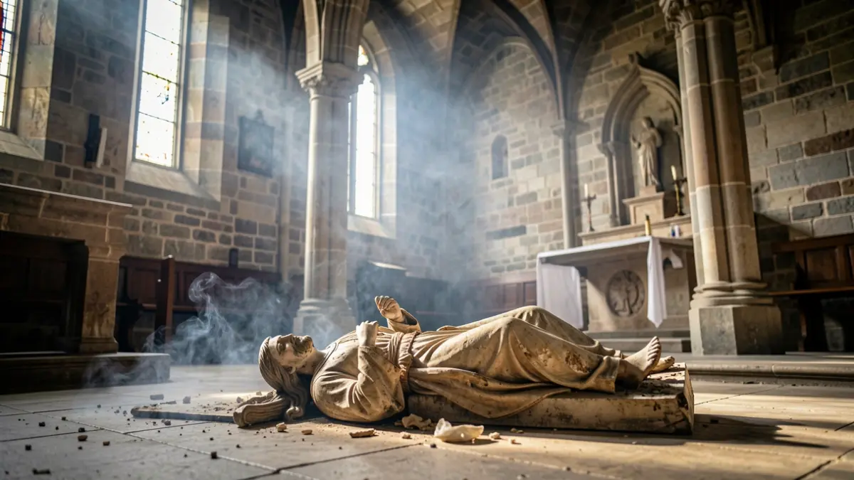 Imagen de una estatua religiosa dañada por el fuego en el interior de una iglesia de piedra en Galicia.