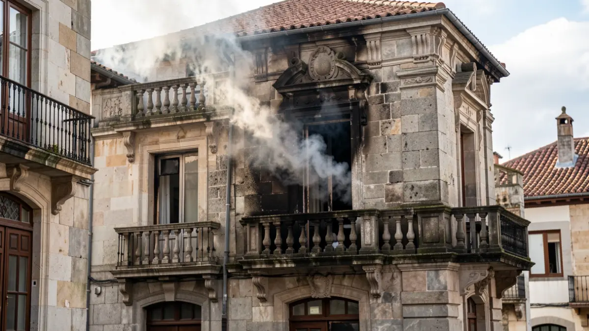 Imaxe dun edificio de pedra con danos por incendio e fume saíndo dunha fiestra.