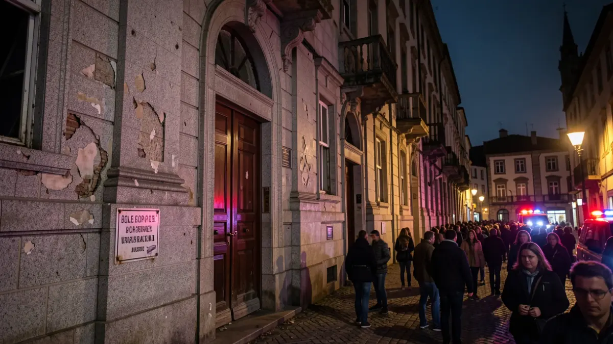 Fachada dun edificio histórico de Ourense con sinais de abandono e danos, iluminada por luces de emerxencia.