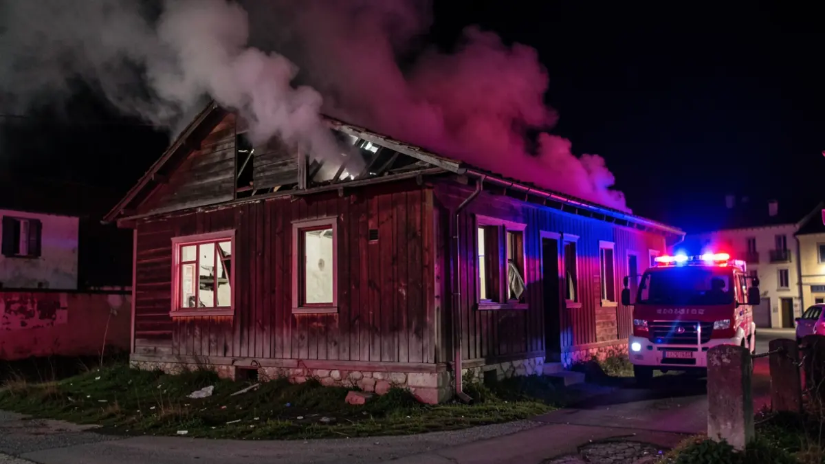 Imagen genérica de un edificio de madera deteriorado por la noche, con humo saliendo de las ventanas y luces de emergencia.