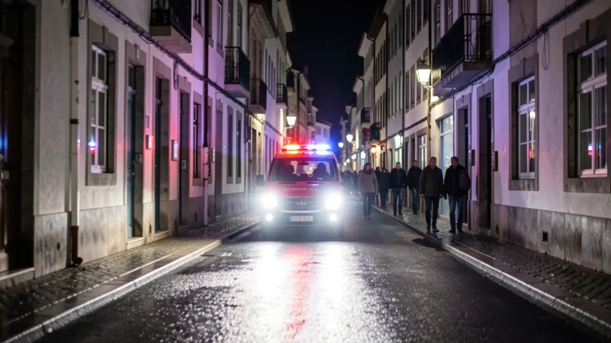 Imagen genérica de luces de emergencia reflejando en el asfalto mojado por la noche en una calle estrecha de la Ciudad Vieja de A Coruña.