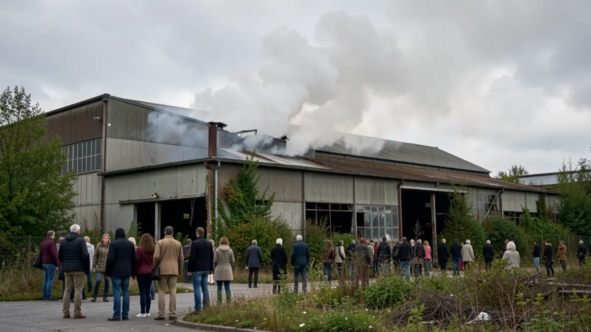 Imaxe dunha nave industrial abandonada con fume saíndo dunha sección do teito.