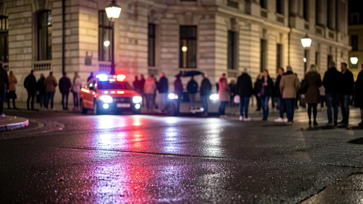 Imagen genérica de luces de emergencia reflejando en una calle mojada por la noche.