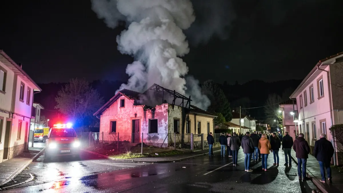 Imaxe xenérica de fume dun incendio nunha casa abandonada pola noite.