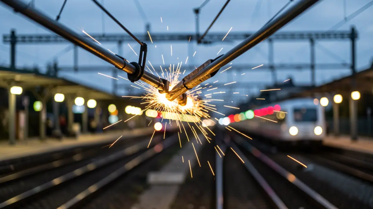 Primeira imaxe dunha catenaria danada cunha faísca, con vías de tren e luces de estación desenfocadas ao fondo.