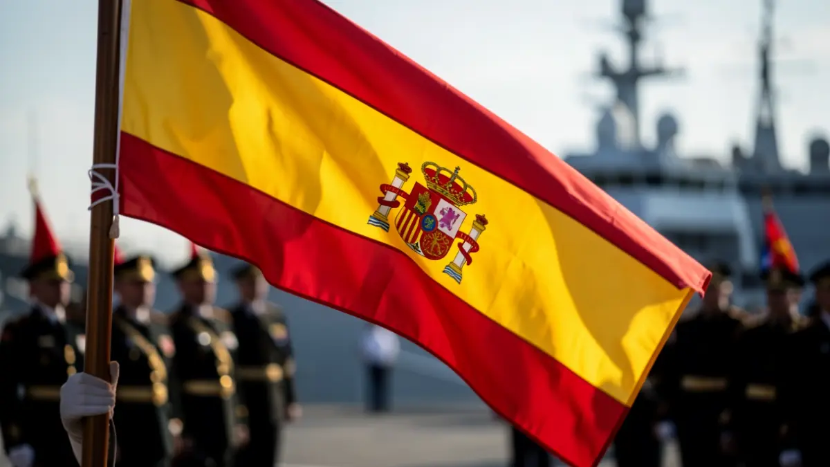 Imaxe dunha bandeira española desprendéndose dun pau durante un acto militar.