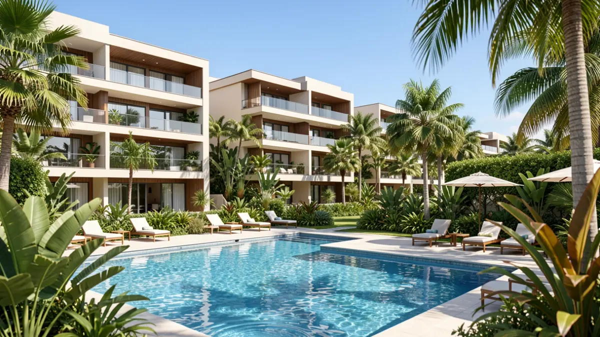 Imaxe xenérica dun complexo residencial tropical con piscina.