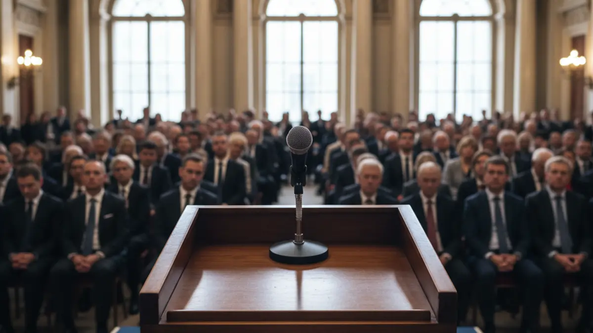 Imaxe xenérica dun micrófono nun podio, representando un acto político.