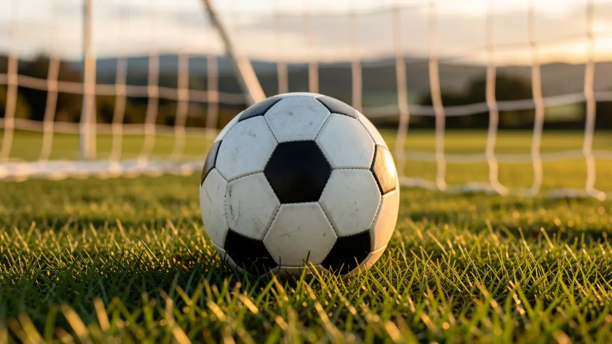 Imaxe xenérica dun balón de fútbol sobre herba cunha rede de meta desenfocada ao fondo.