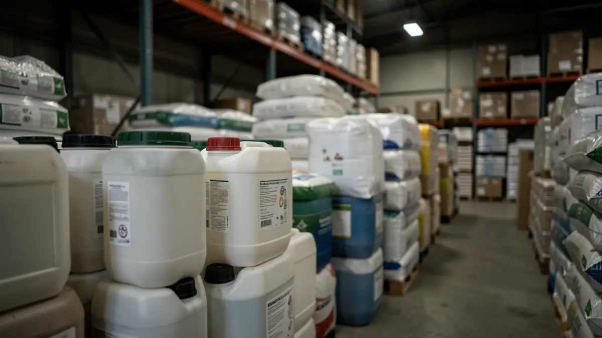 Imaxe de produtos fitosanitarios almacenados nunha nave industrial.