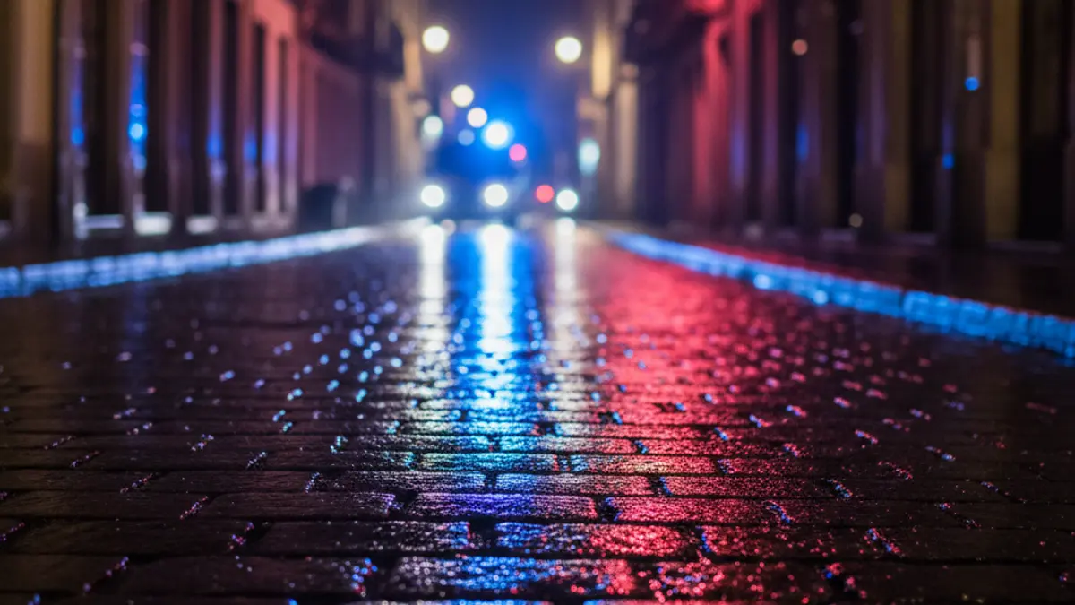 Imaxe xenérica de luces de emerxencia reflectíndose sobre asfalto mollado, suxerindo un accidente.