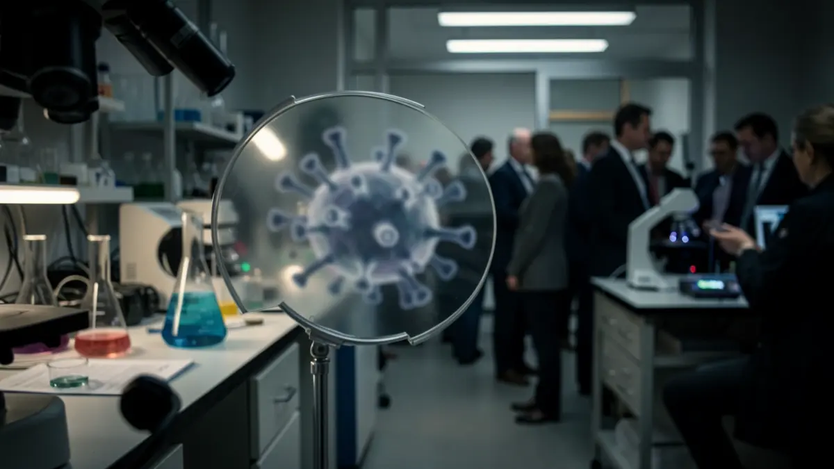Imagen genérica de un microscopio y un virus borroso en un laboratorio.