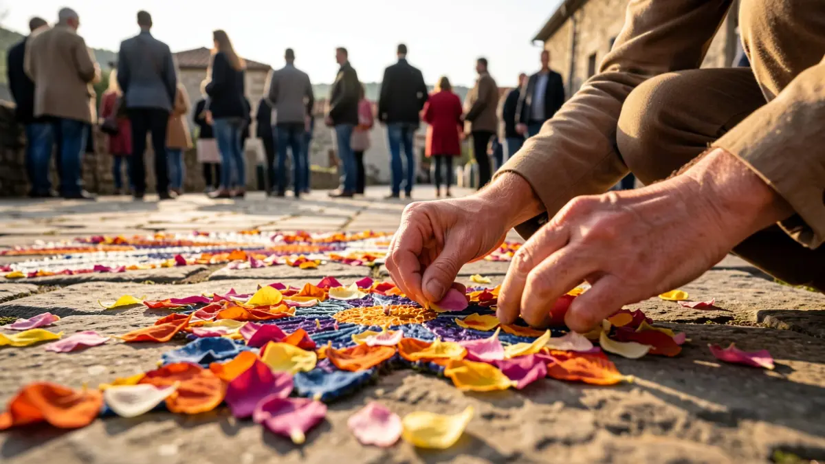 Primeira plana dunha alfombra floral en Burela, Galicia, con pétalos de cores dispostos en patróns intrincados.
