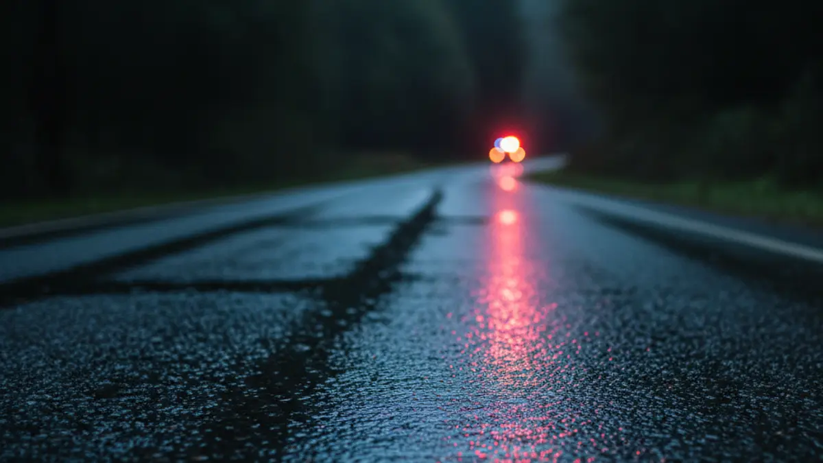 Imaxe xenérica de luces de emerxencia reflectíndose sobre asfalto mollado nunha contorna rural galega.