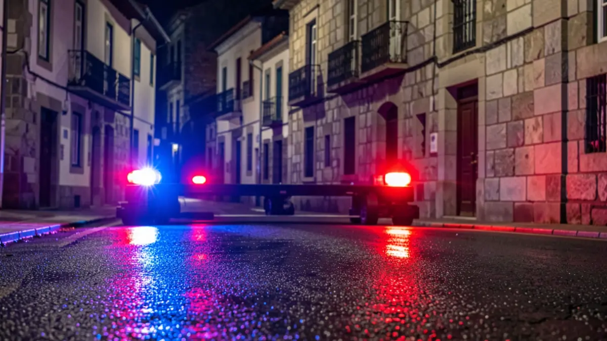 Imagen genérica de luces de emergencia policiales reflejando en una carretera mojada por la noche.