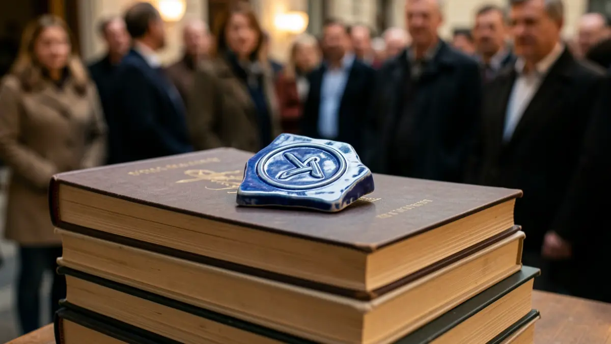 Imaxe dunha pila de libros cun fragmento de cerámica azul misterioso enriba.