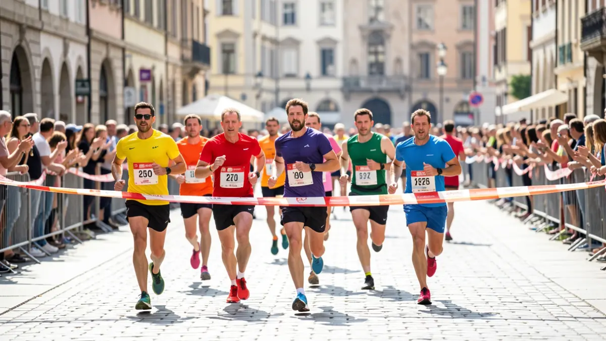 Imagen genérica de una carrera popular con corredores cruzando la meta en una plaza de la ciudad.