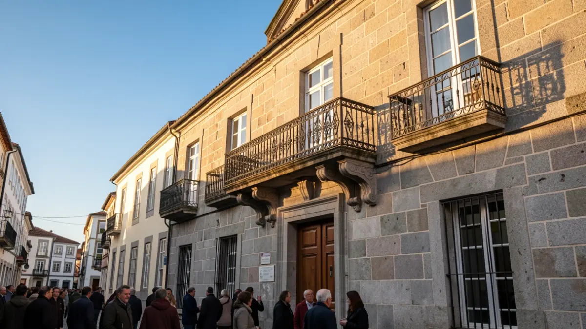 Fachada de un ayuntamiento tradicional de piedra gallega con balcón y barandillas de hierro forjado, bajo la luz cálida del sol de la tarde.