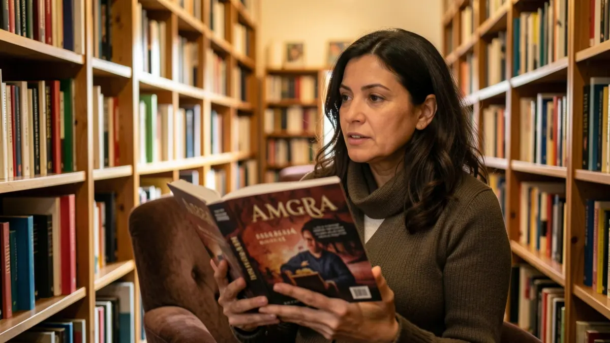 Imagen de la autora Julia Gebhard en una librería de Ourense presentando su novela.