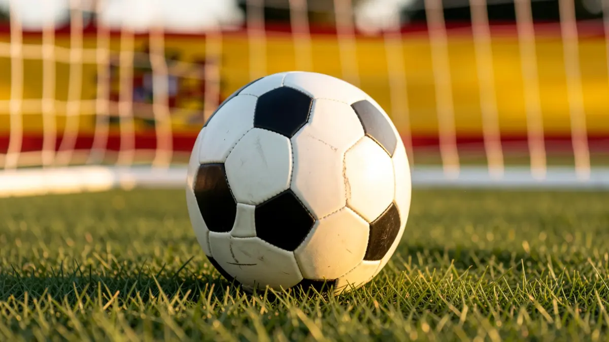 Imagen genérica de un balón de fútbol sobre césped con red borrosa al fondo.