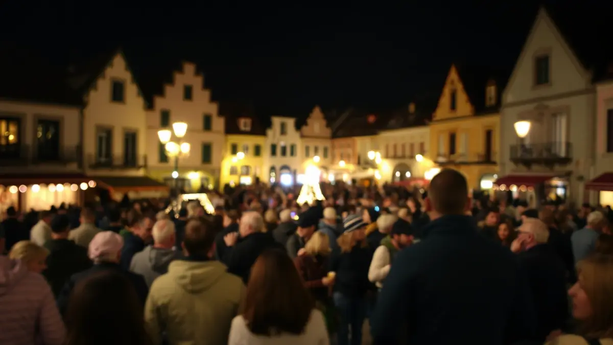 Imaxe xenérica dunha praza de vila galega durante unha celebración nocturna.