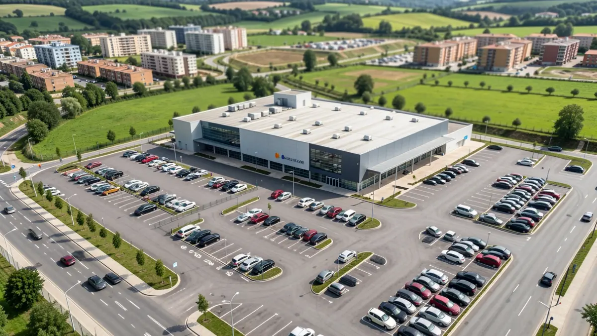 Imagen genérica de un supermercado moderno con una gran zona de aparcamiento en un área urbana en desarrollo.