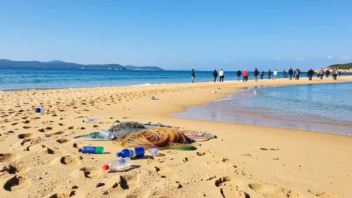 Imaxe xenérica dunha praia galega con area e auga, con algúns plásticos espallados.