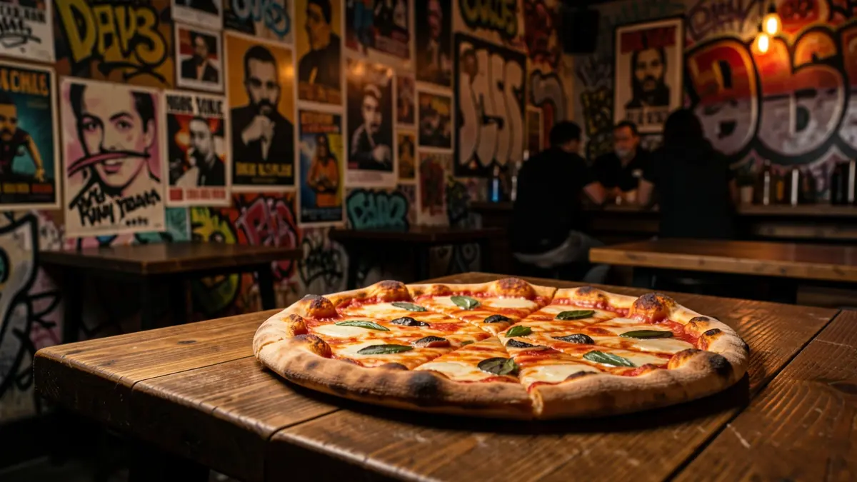 Imaxe dun local de pizza inspirado na cultura urbana dos anos 90, con arte de grafiti e unha porción de pizza.