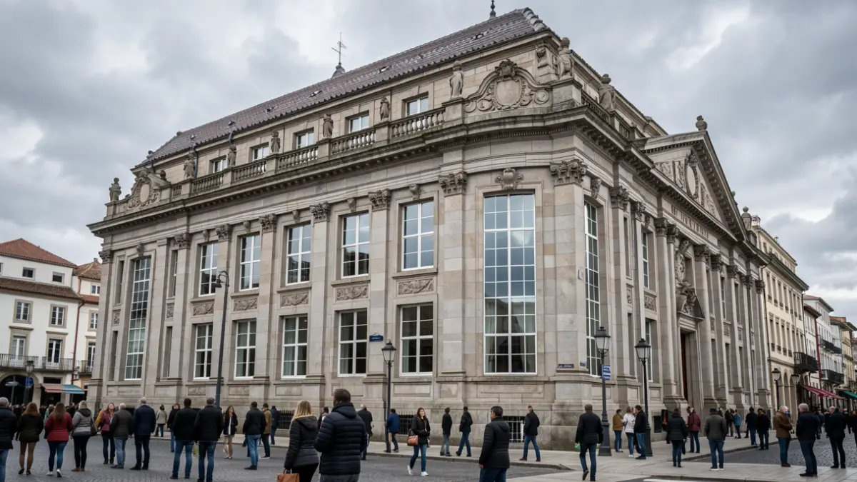 Imaxe xenérica dun edificio público de granito en Pontevedra baixo un ceo nubrado.