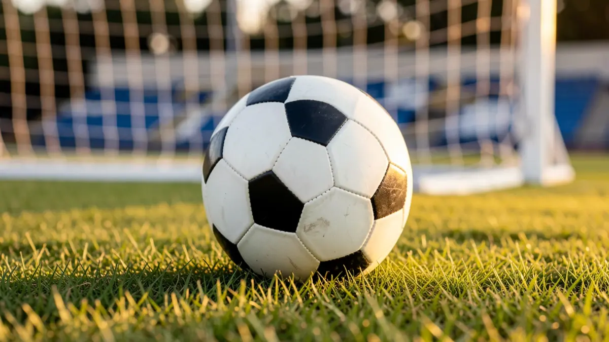 Imaxe xenérica dun balón de fútbol sobre herba con detalles en azul e branco.