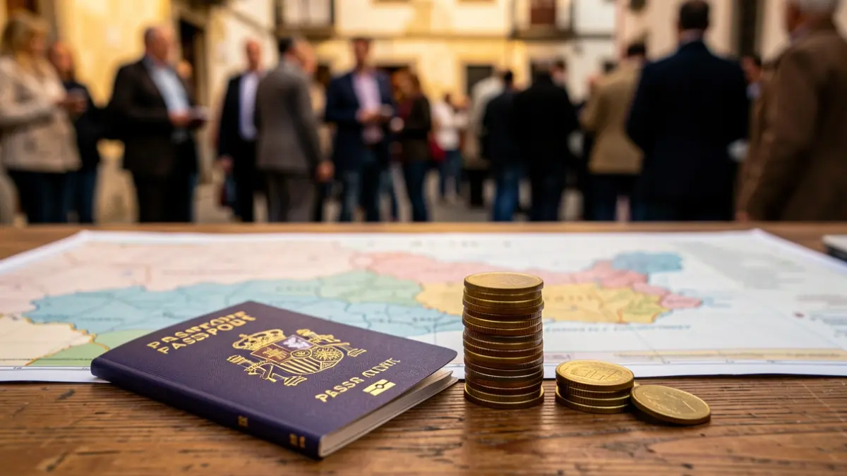 Primer plano de un pasaporte español y una pila de monedas sobre una mesa de madera, con un mapa borroso de Galicia al fondo.