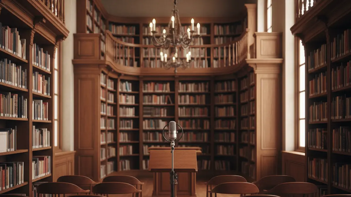 Imaxe xenérica dunha biblioteca con estantes de madeira e un podio con micrófono.