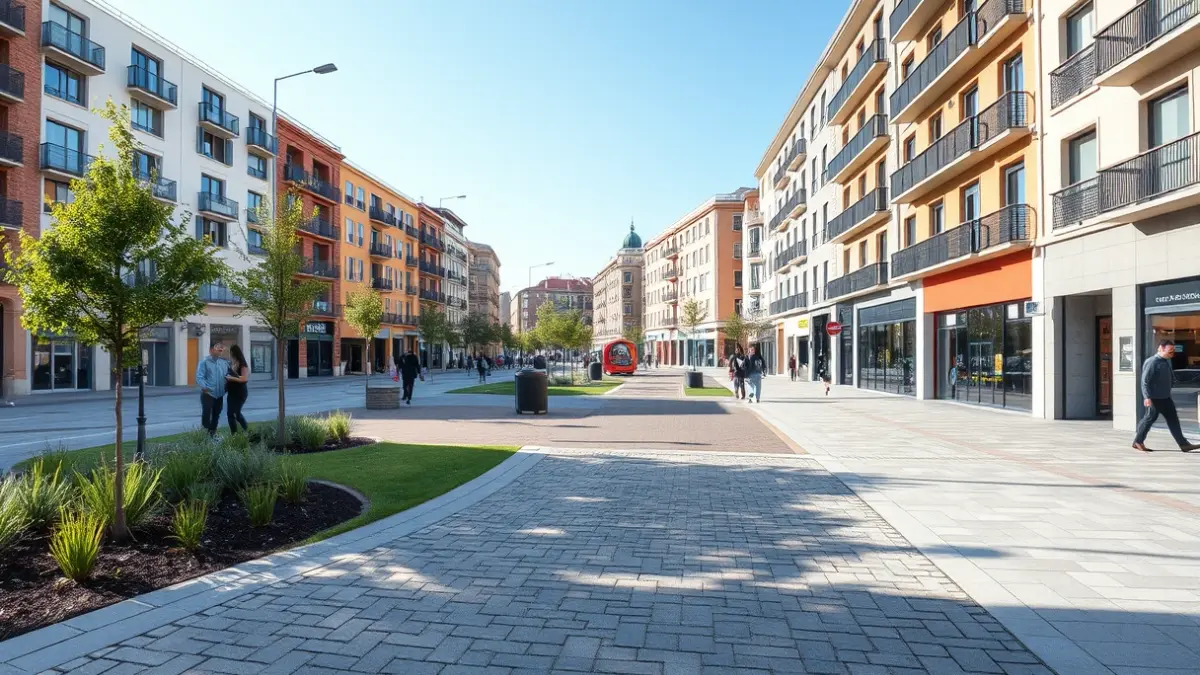 Imagen de una zona urbana humanizada con preferencia peatonal y espacios verdes.