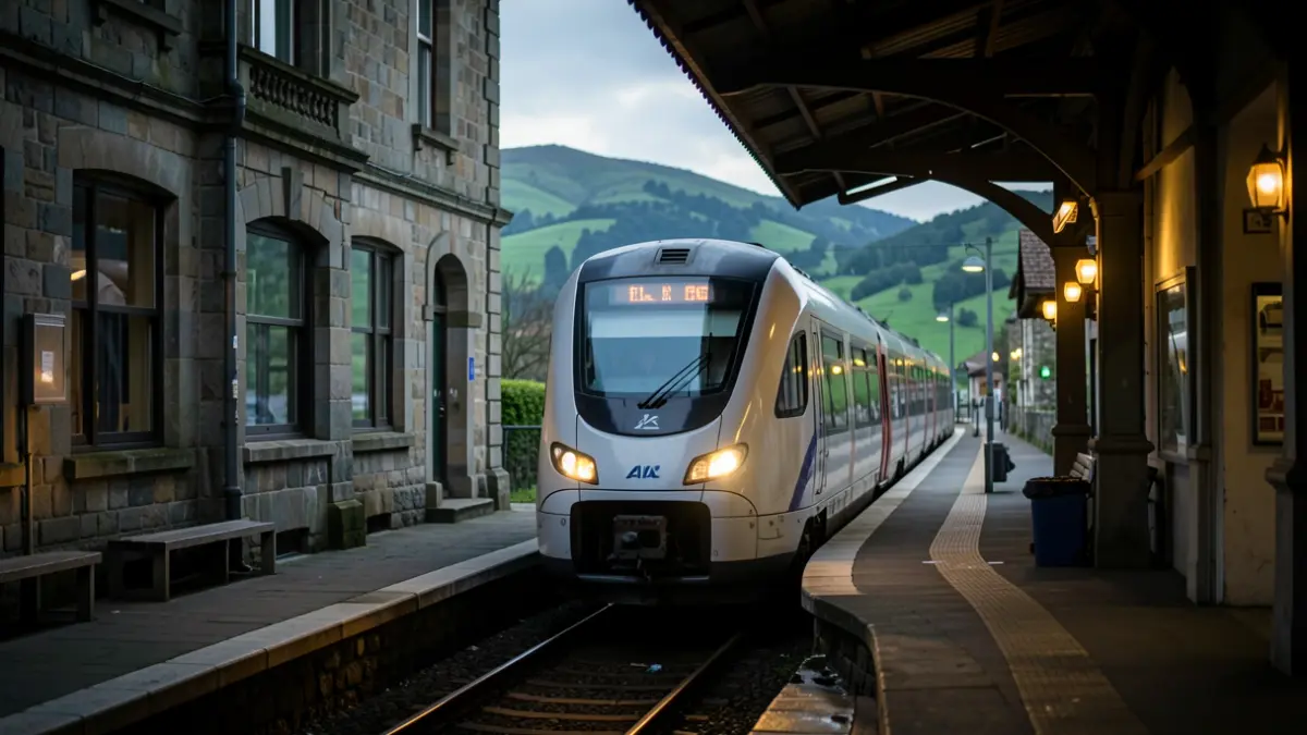 Imaxe xenérica dun tren Alvia partindo dunha estación galega ao amencer.