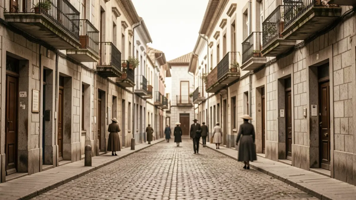 Imagen genérica de una calle de Pontevedra en los años 50 con edificios tradicionales.