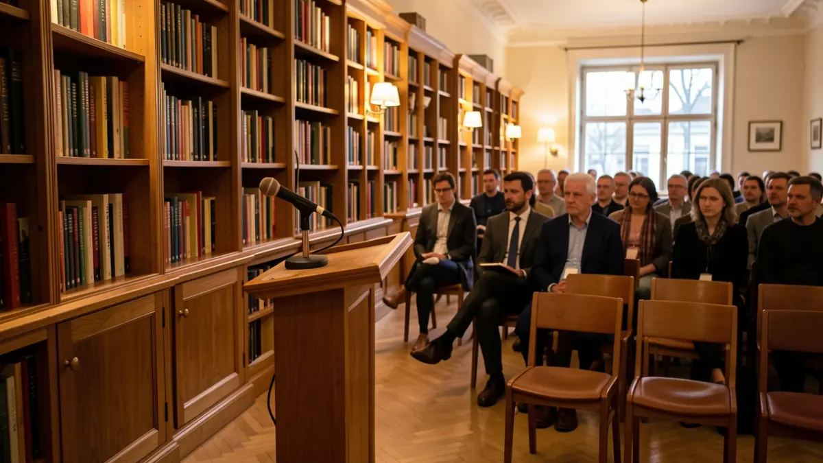Imagen genérica de un interior de biblioteca con estanterías de libros y un atril.