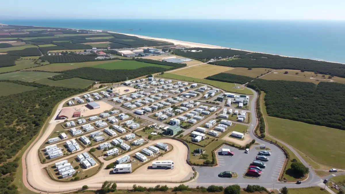 Imaxe aérea dun campamento de turismo en construción preto dunha praia en Galicia.