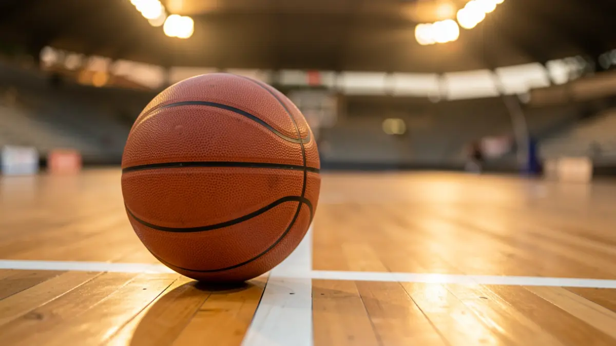 Imaxe xenérica dunha pelota de baloncesto nun campo.