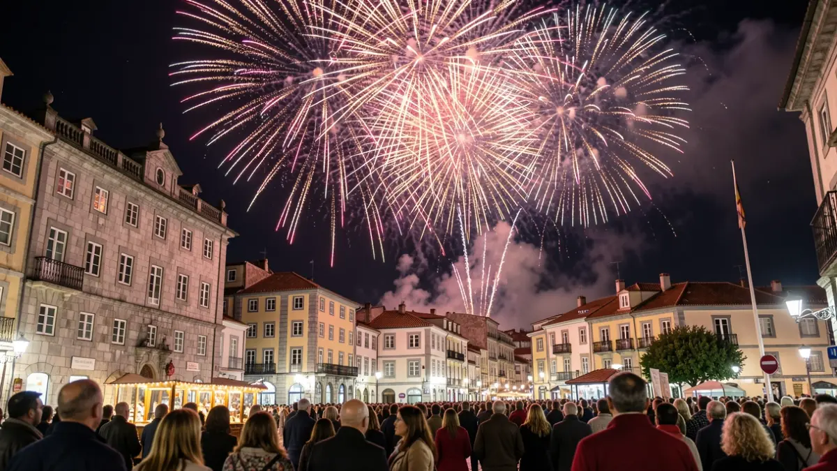 Imaxe xenérica de fogos artificiais sobre unha cidade galega pola noite.