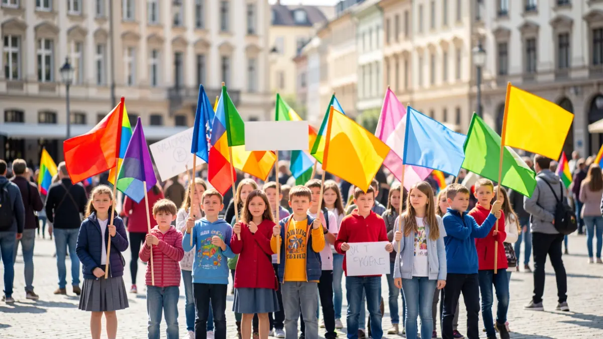 Escolares participando nunha marcha festiva pola lingua nunha praza da cidade.