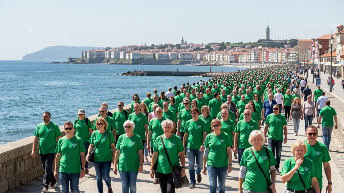 Imaxe xenérica dunha multitude camiñando nun paseo marítimo galego con camisetas verdes.