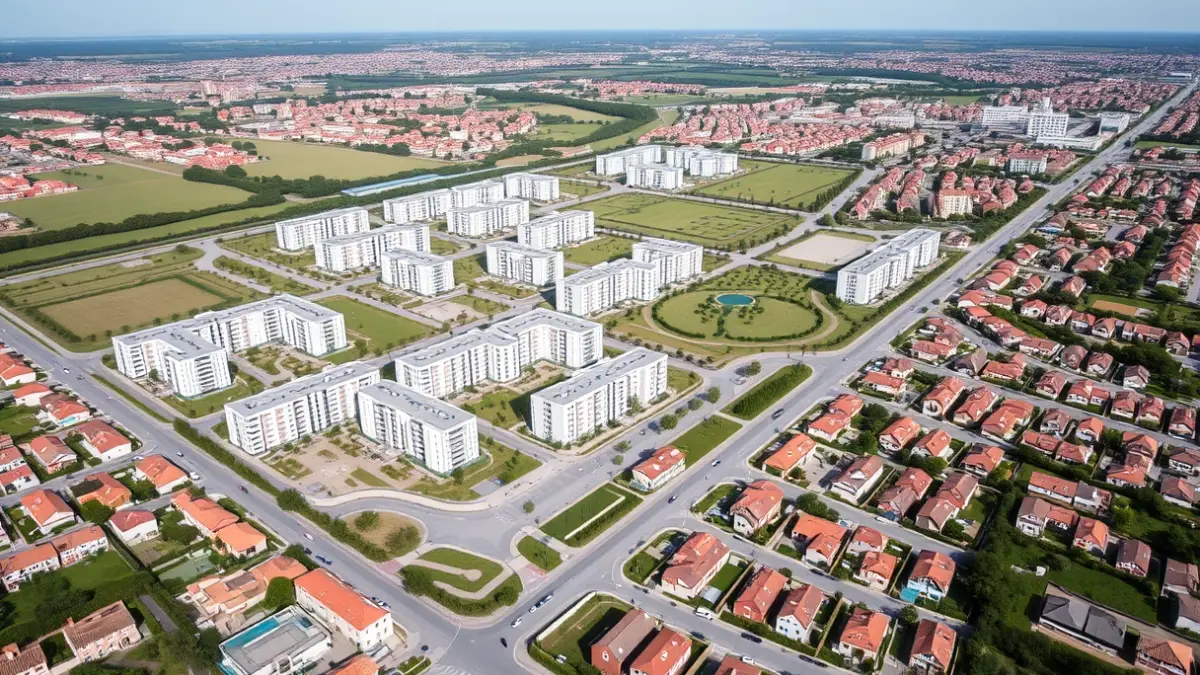 Imaxe aérea dun plan de urbanización en Santiago de Compostela.